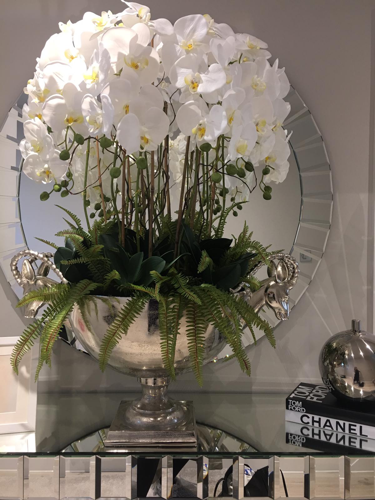 Elevate Your Home Decor with Luxury Artificial Orchid Arrangements in Silver Vases