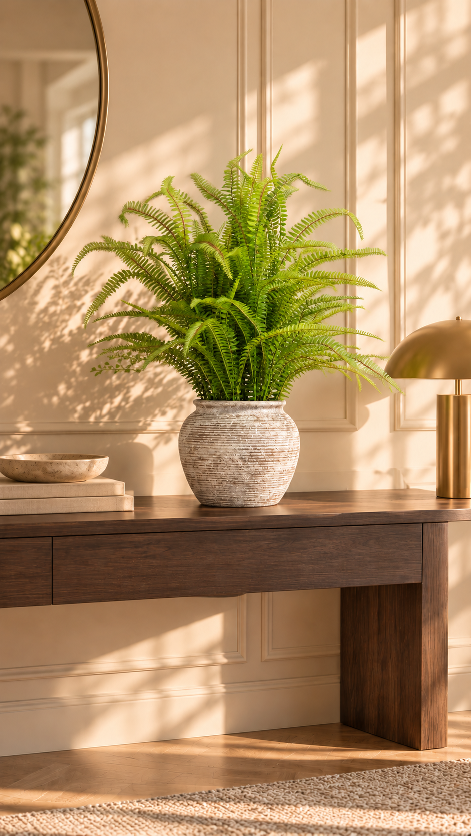 62cm Artificial Fern in Textured Stone Planter