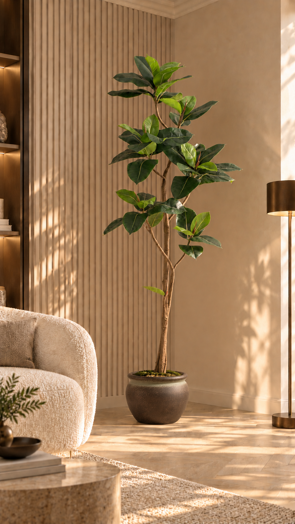 210cm Fire-Rated Ficus Elastica Tree in Black Round Planter