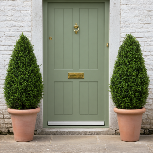 Pair of 130cm artificial Buxus Tower topiary trees in Ravello terracotta-style planters framing a sage green front door.